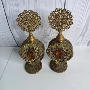 Vintage Gold Metal Ormolu Filigree Perfume Bottle Set Ornate Hollywood Regency